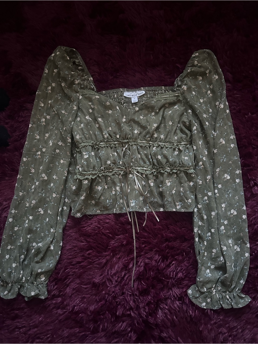 AND OTHER STORIES Olive Floral Smocked Square-Neck Blouse